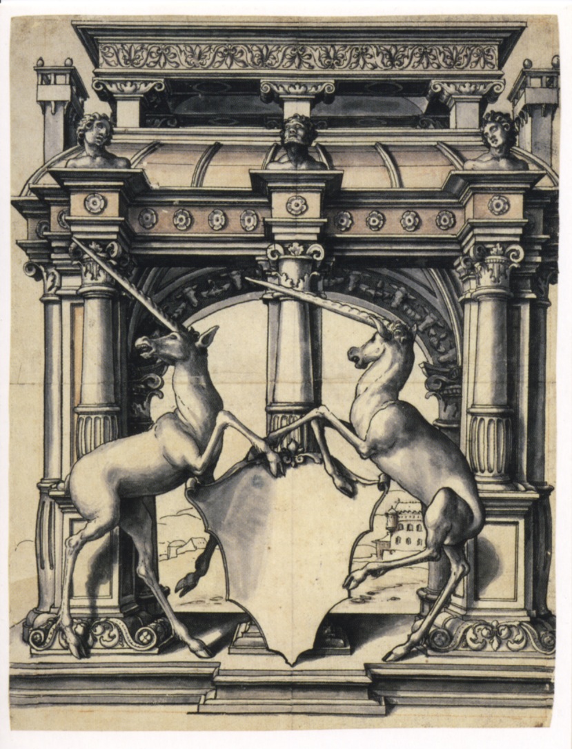 Drawing for heraldic arms with two unicorns