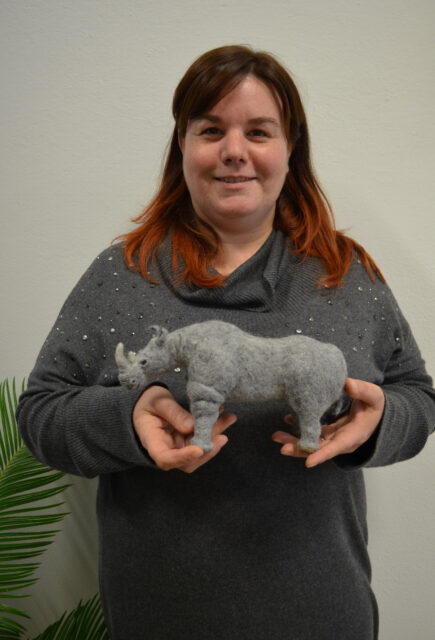 Giulia Fontanesi (“Giulia Lady-bug”) with her needle-felt rhinoceros