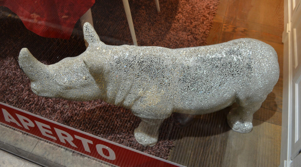 A rhinoceros decorates a shop in Rome