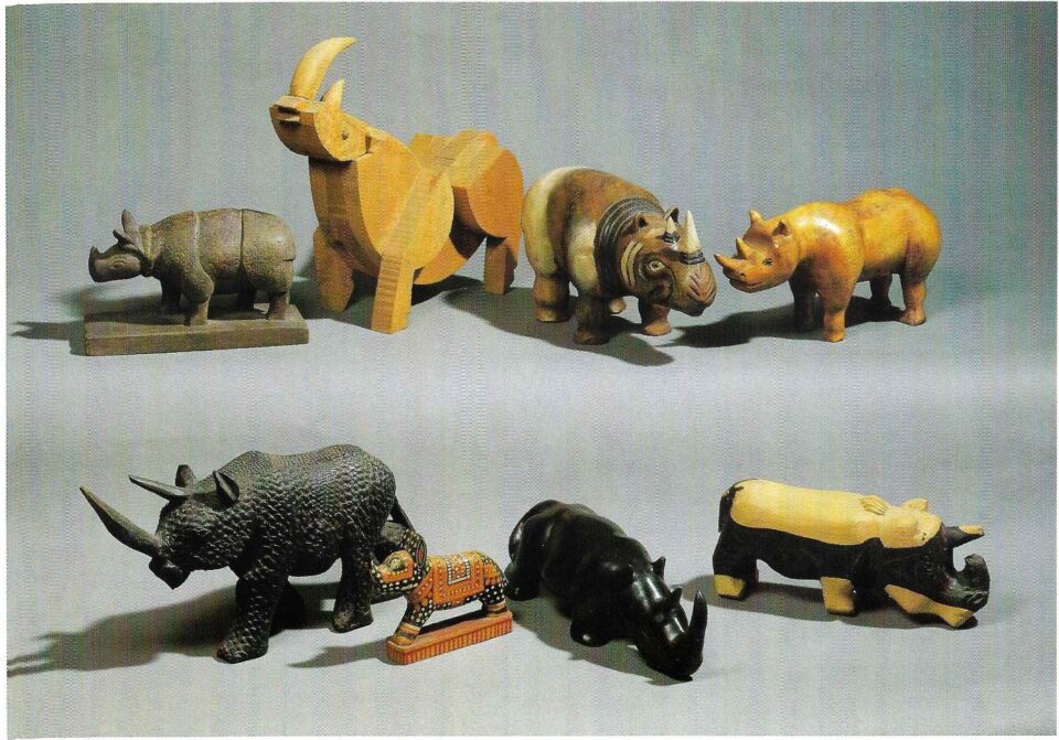 Wooden rhino sculptures