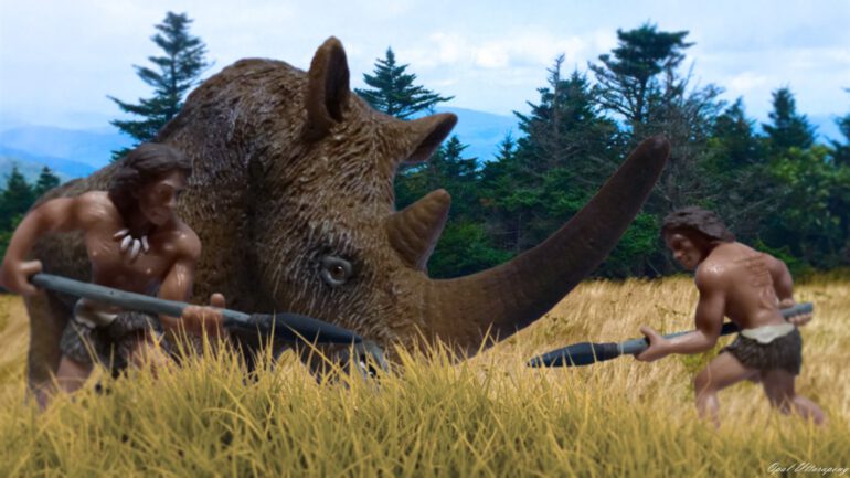 Neanderthals hunting a woolly rhino Coelodonta antiquitatis