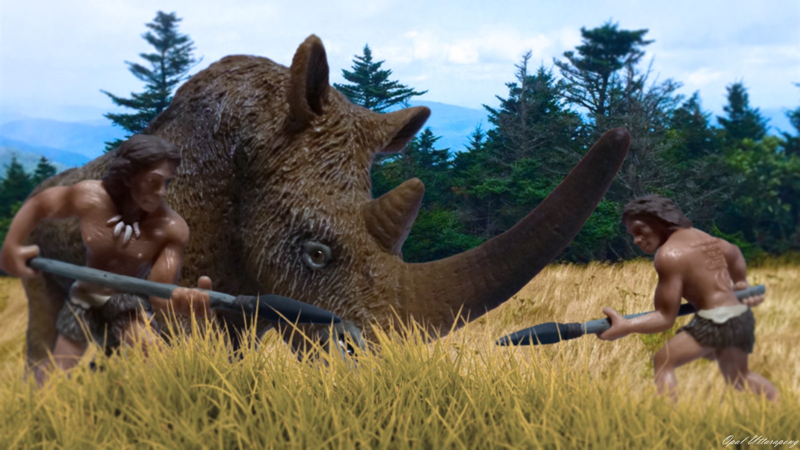 Neanderthals hunting a woolly rhino Coelodonta antiquitatis