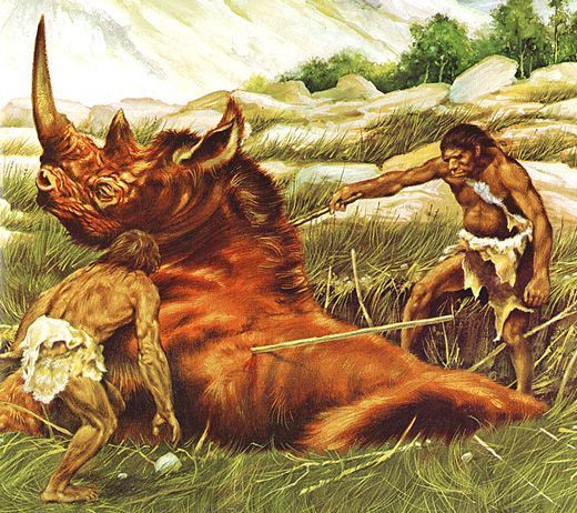 Neanderthals hunting a woolly rhino Coelodonta antiquitatis