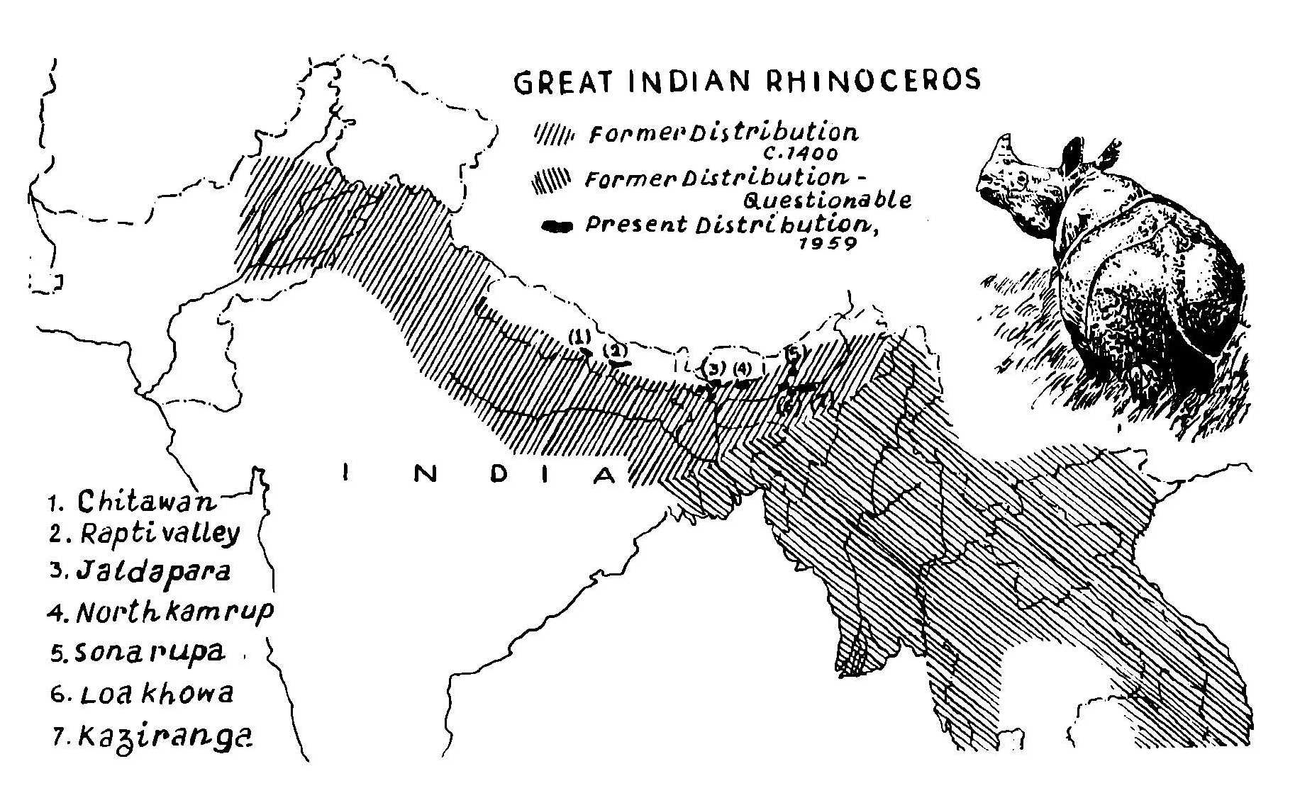 Historical range of R. unicornis 1966