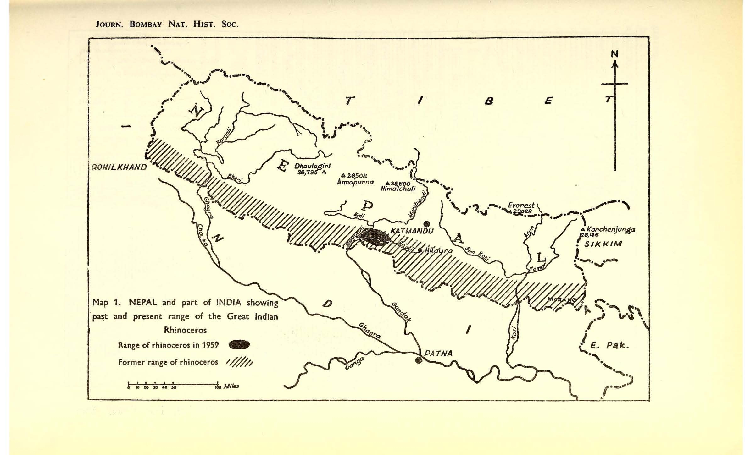 Historical range of R. unicornis 1959