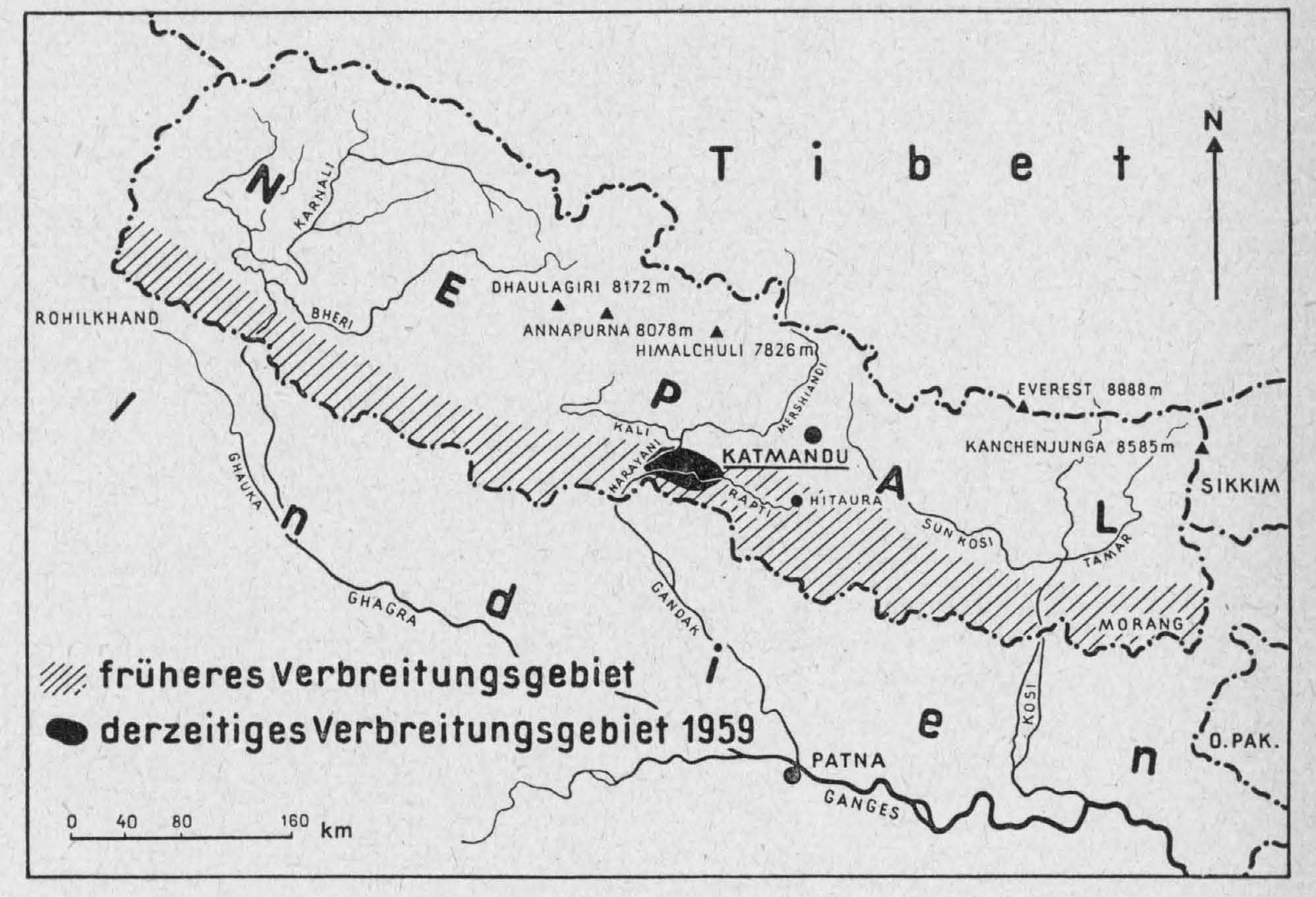 Distribution of Rhinoceros unicornis (1959)