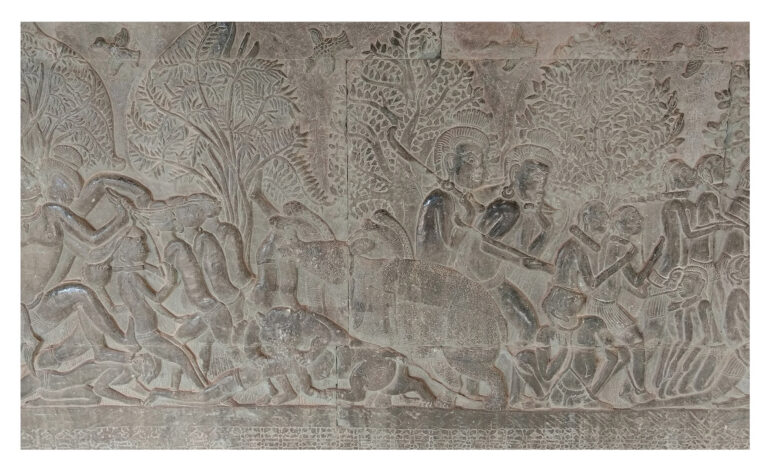 Rhinoceros tormenting the damned in the “heaven and hell” gallery at Angkor Wat, Cambodia