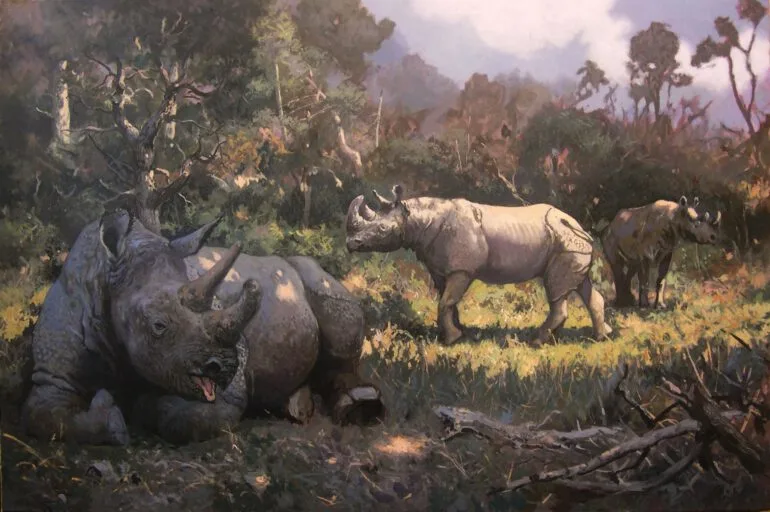 Three black rhinoceroses in nature