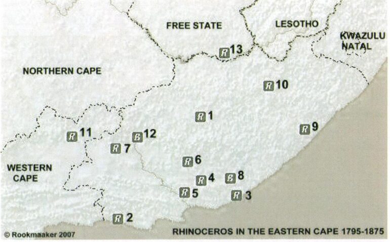 Map of Rhino in Eastern Cape 1795-1875