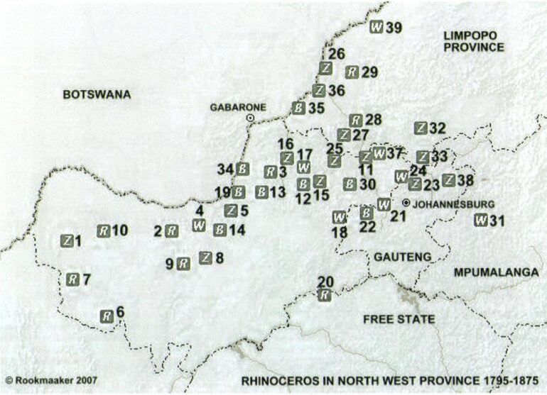 Map of Rhino in North-West Province 1795-1875