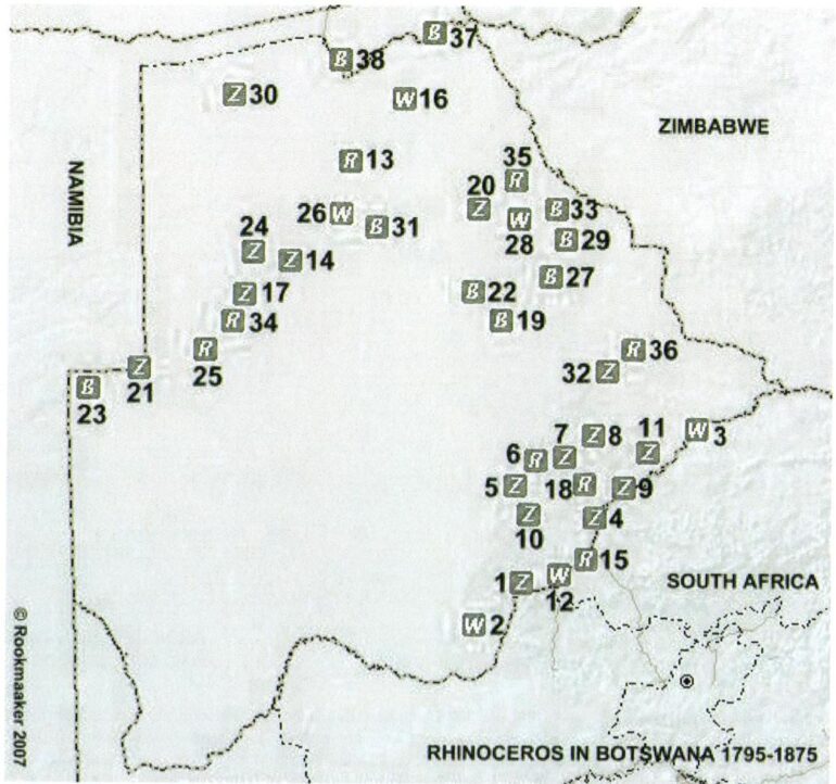 Map of Rhino in Botswana 1795-1875