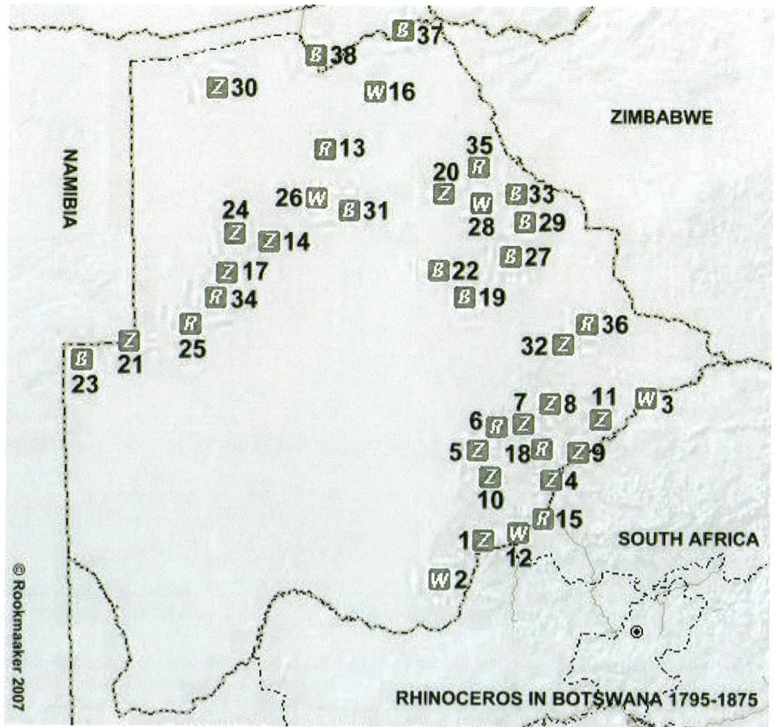 Map of Rhino in Namibia 1795-1875