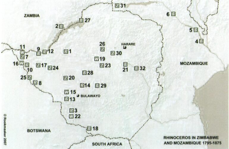 Map of Rhino in Zimbabwe and Mozambique 1795-1875