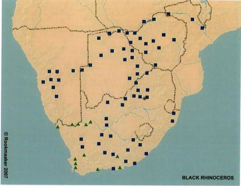 Map of Rhino in Southern Africa 1795-1875