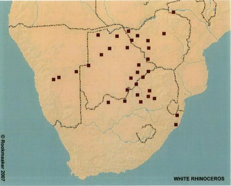 Map of White Rhino in Southern Africa 1795-1875