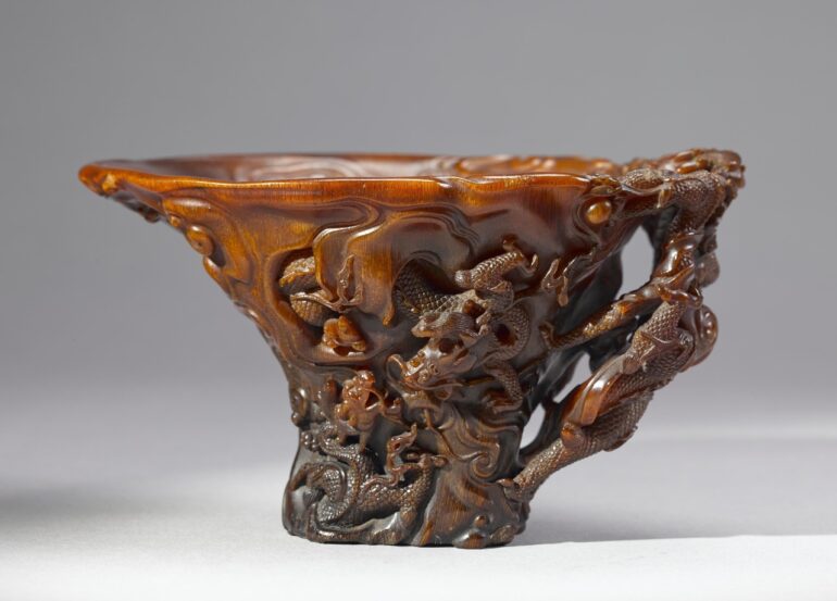 Rhinoceros Horn Cup Featuring Six Dragons