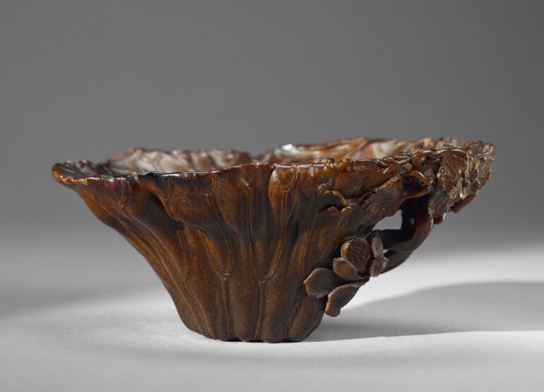 Rhinoceros horn cup in the shape of a lotus leaf