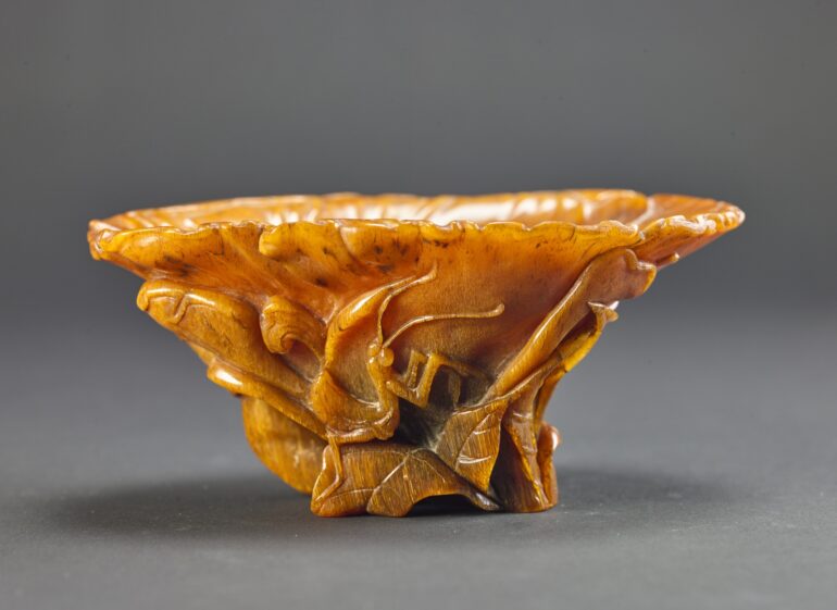 Rhinoceros Horn Cup with Mantis-and-cabbage-leaf Design