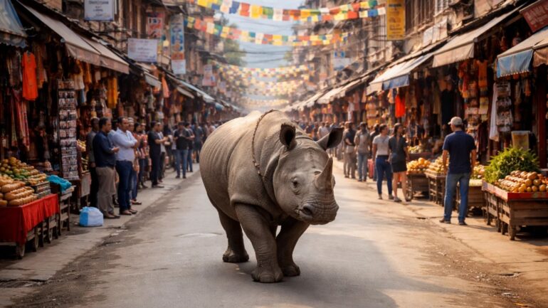 Sauraha – rhino in street