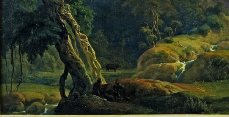 Payen 1841 landscape in Java with rhino