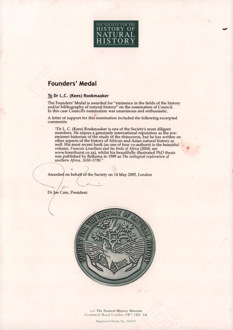 Rookmaaker – SHNH Founder’s Medal