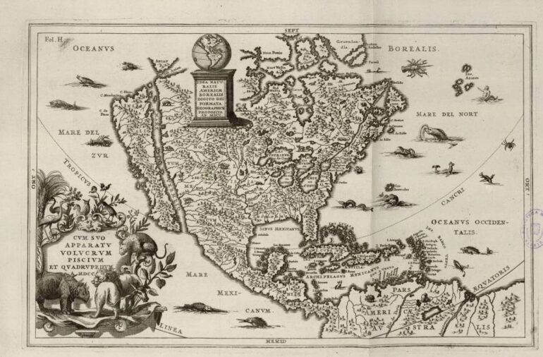 Map of South America with Dürer-rhino 1710