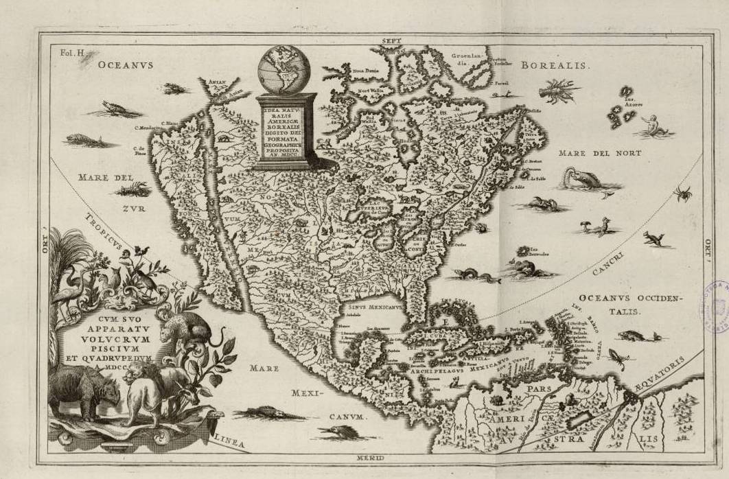Map of South America with Dürer-rhino 1710