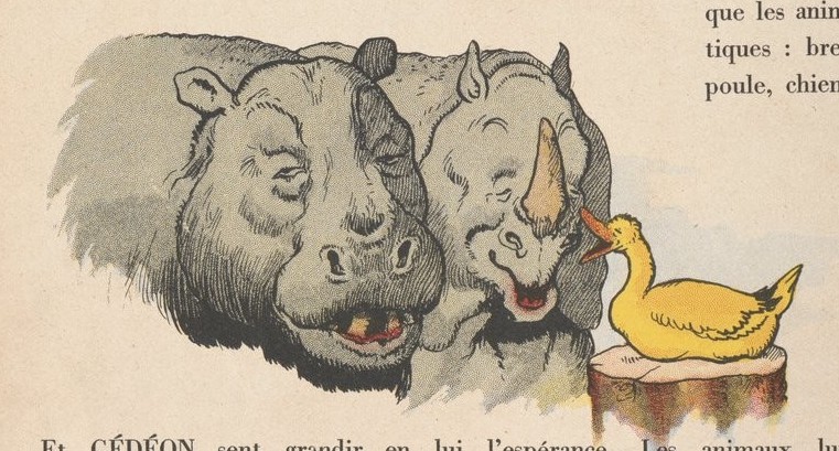 Rabier 1939: rhino, hippo, goose
