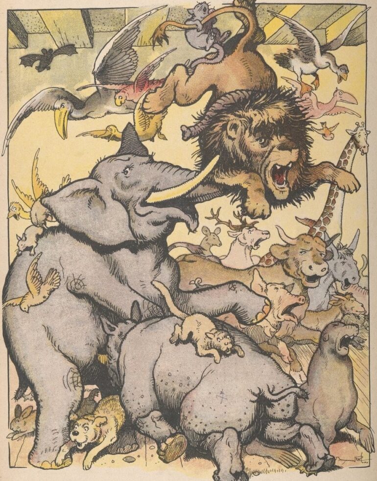 Rabier 1939: rhino fights elephant and lion