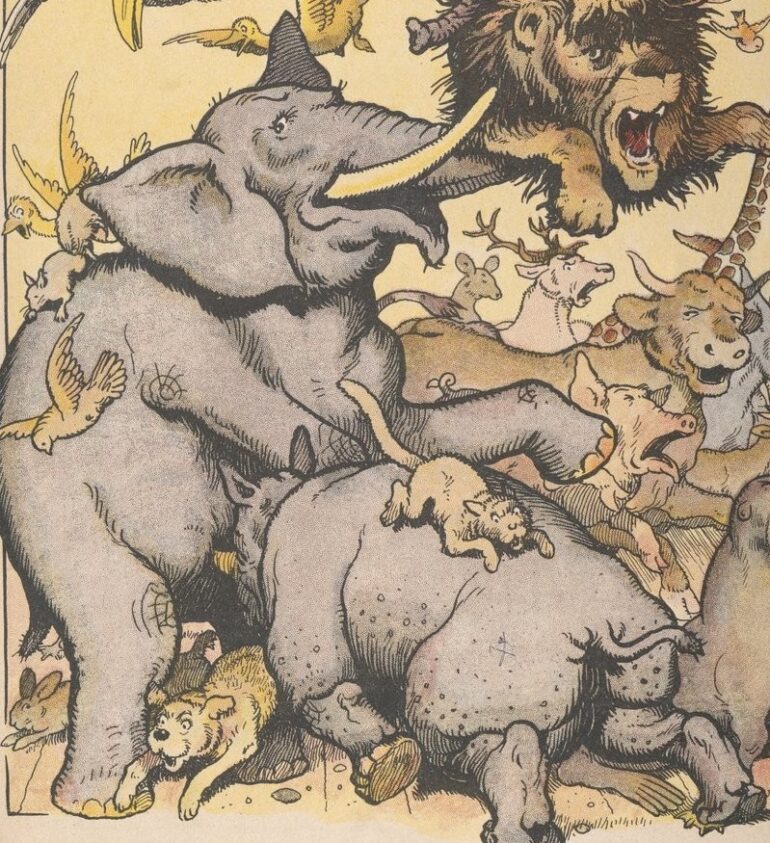Rabier 1939: elephant and rhino fight